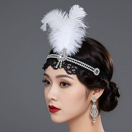 Photograph of an Asian woman with fair skin, red lipstick, black lace headband adorned with white feathers and pearls, and large dangling earrings, against