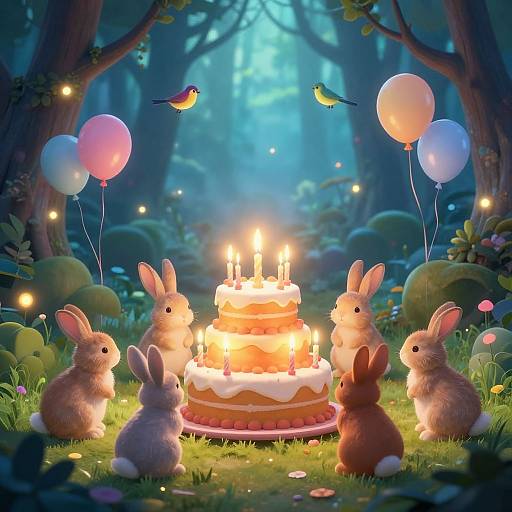 Whimsical forest scene with five adorable, fluffy bunnies gathered around a glowing, candlelit cake, surrounded by balloons and two colorful birds.