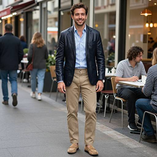 Photograph of a bearded man with curly hair, wearing a navy blazer, light blue shirt, beige pants, and tan shoes, walking on