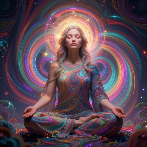 Digital artwork of a serene, long-haired woman in colorful, swirling psychedelic attire, meditating cross-legged with a glowing halo in a vibrant, cosmic background