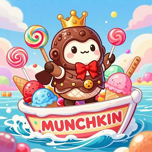 Cute digital illustration of a chocolate-themed dessert character with a crown, red bow, holding lollipops, in an ice cream boat named 