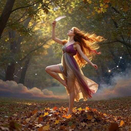 Photograph of a red-haired woman in a flowing, multicolored dress, dancing on one leg in an autumn forest, sunlight filtering through trees,