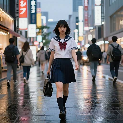 Photograph of an Asian schoolgirl with black bob haircut, white sailor top, black skirt, and socks, walking on a wet, neon-lit