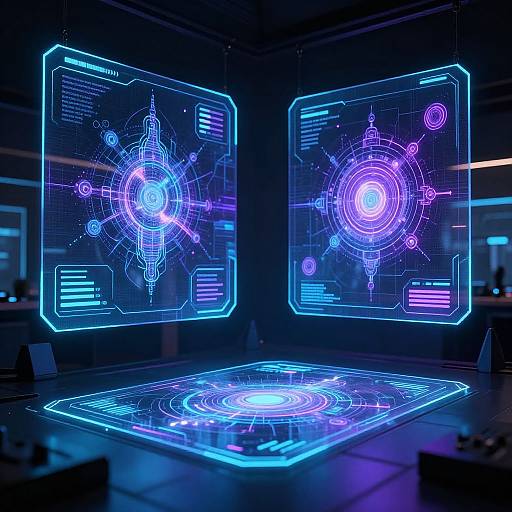 Neon-lit futuristic room featuring glowing holographic blue and purple circuitry patterns on two walls and a floor, creating a cybernetic ambiance.