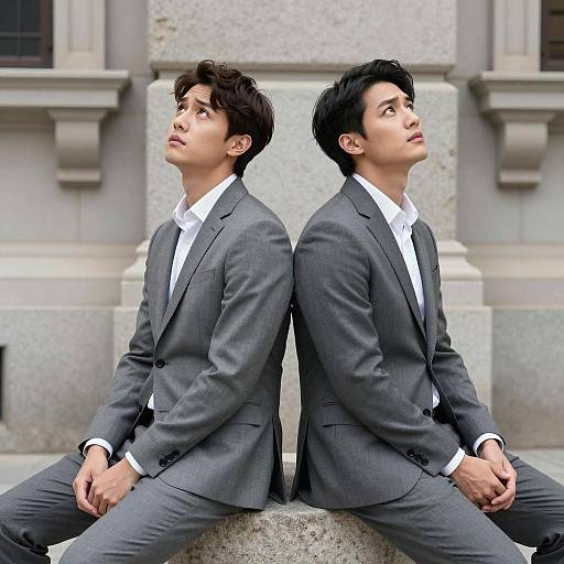 Two Men in Gray Suits Sitting Back-to-Back Outdoors