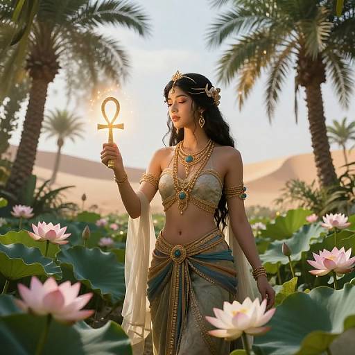 Digital artwork: Beautiful woman with long black hair, wearing gold and green ancient Egyptian-style outfit, holding an ankh, surrounded by palm trees and lot