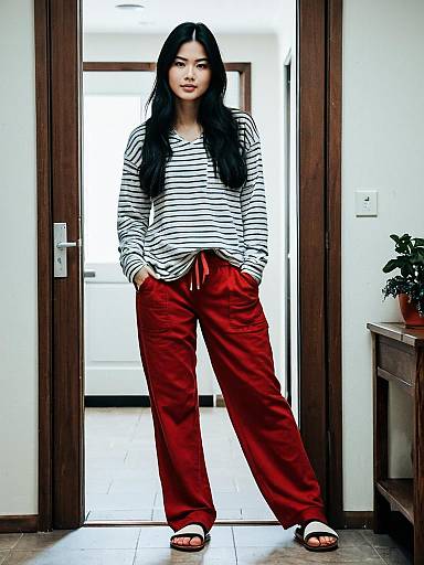 Casual Red Pants Indoor Full-Body Pose