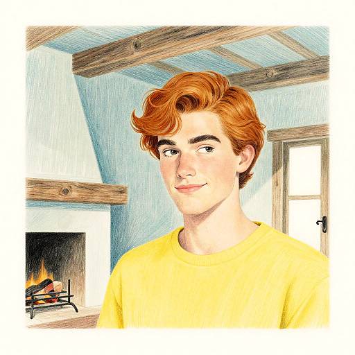 Young Man in Rustic Cabin Interior