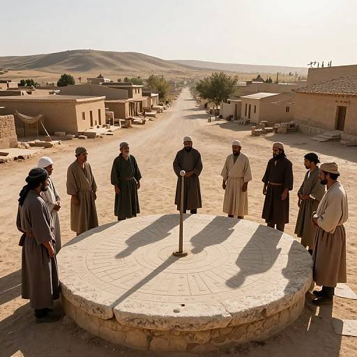 Ancient Villagers Around Stone Sundial