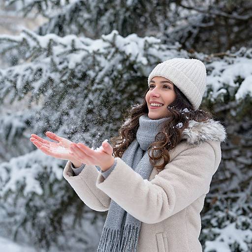 Photograph of a smiling woman with wavy brown hair, wearing a white knit hat, gray scarf, and beige coat, catching snowflakes outdoors
