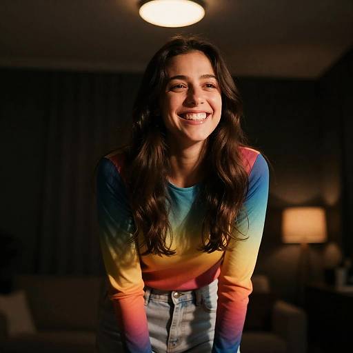 Smiling Woman in Colorful Gradient Top Indoors
