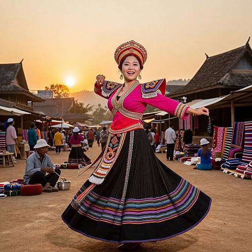 Photograph of a traditional Thai dancer in vibrant red and black attire, dancing at a market during sunset, with people and colorful clothes in the background.
