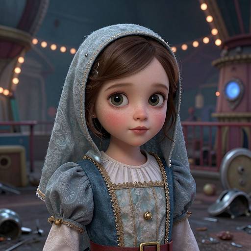 Digital painting of a wide-eyed, rosy-cheeked doll in a blue, patterned dress with a hood, set in a dimly lit