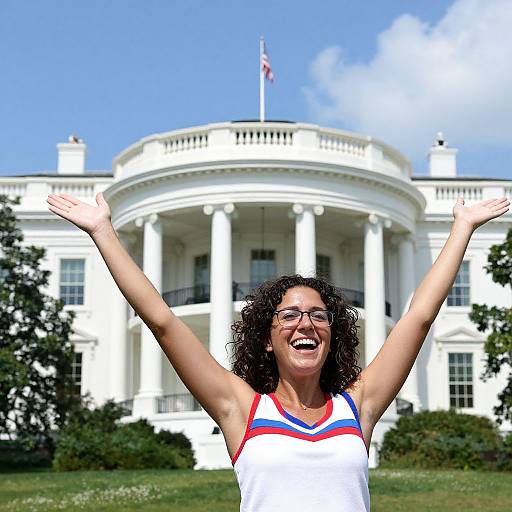 Photograph of a curly-haired woman with glasses, smiling widely, arms raised, wearing a cheerleader top, standing in front of the White House.