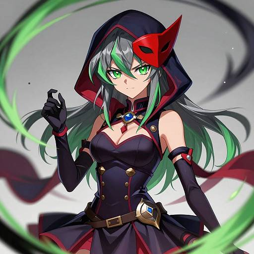 Anime-style digital drawing of a green-eyed, long-haired girl with black and green hair, wearing a black hooded dress and gloves, holding a dark