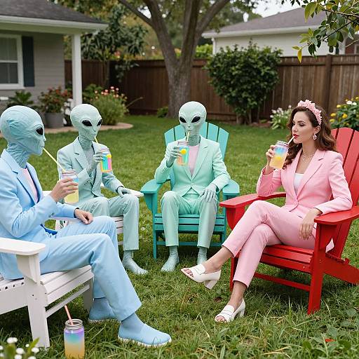 Photograph of three people in light blue suits with masks, sitting on chairs, and a woman in pink suit and crown, drinking iced tea in