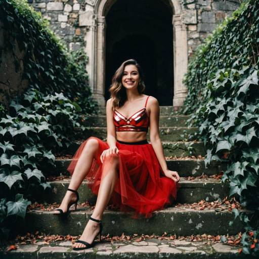 Woman in Red Sitting on Ivy-Covered Stone Steps