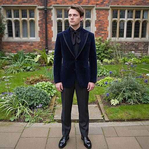 Photograph of a young man in a black velvet blazer, black shirt, and black pants standing in a lush, green garden with a red-br