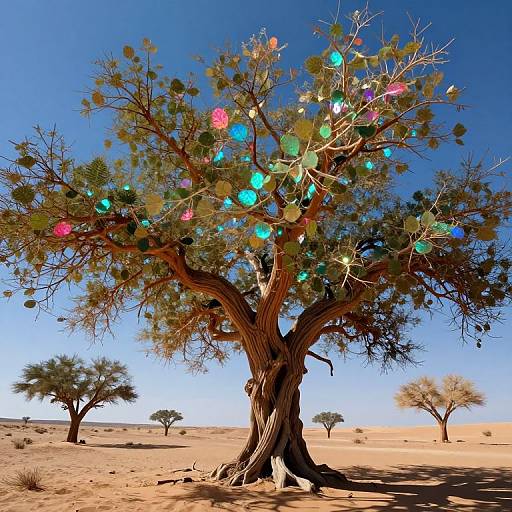 Photograph of a desert tree with colorful Christmas lights (red, blue, green) on its branches, standing in a sandy, arid landscape under