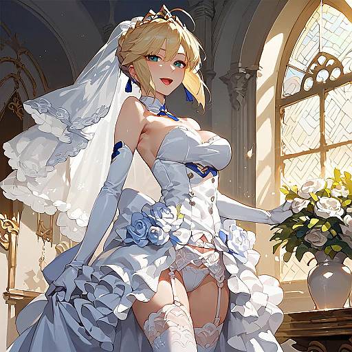 Anime-style digital illustration of a blonde, blue-eyed bride in a white, frilled, strapless wedding dress with blue roses, garter belt,