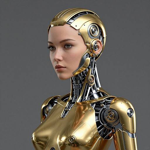 CGI image of a futuristic, golden robotic woman with sleek, metallic armor, exposed gears, and a calm expression against a gray background.