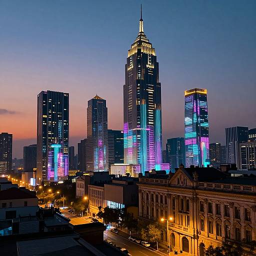 Photograph of a cityscape at dusk, featuring brightly lit skyscrapers with neon blue and purple lights, contrasting with an old, warmly lit building