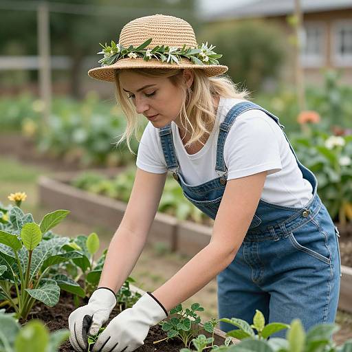 Blonde Woman Gardening in Overalls