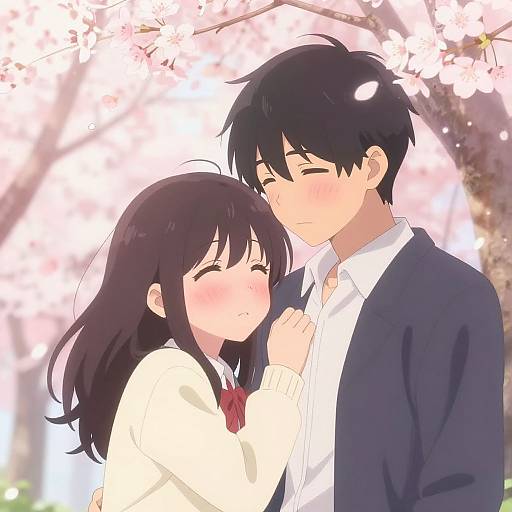 Anime-style drawing of a blushing girl with dark hair and a white sweater, gently holding the face of a black-haired boy in a blue jacket,
