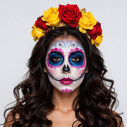Photograph of a woman with long dark hair, white face paint, blue and pink sugar skull makeup, wearing a yellow and red flower crown, against