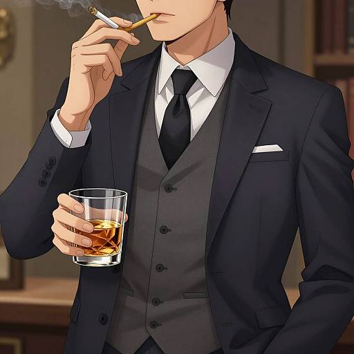 Digital anime-style illustration of a suave man in a black suit, white shirt, and black tie, smoking a cigarette while holding a glass of whiskey