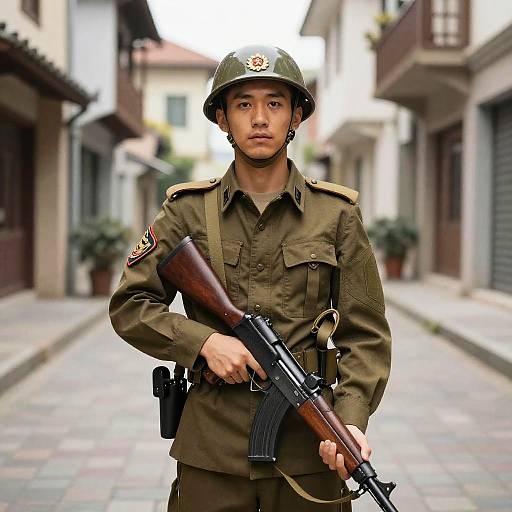 Soldier in Uniform on Narrow Street