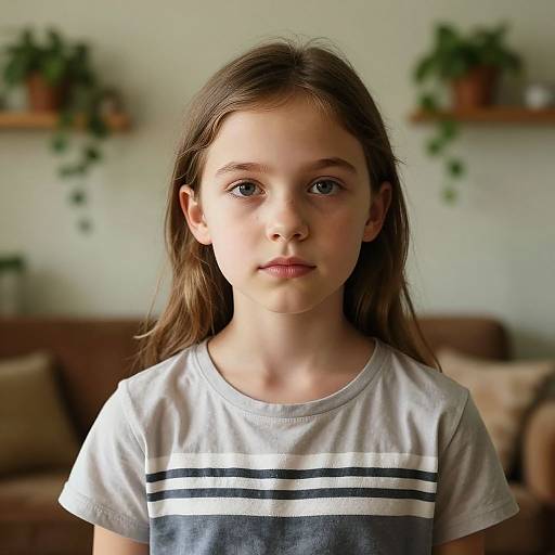Photograph of a young Caucasian girl with long brown hair, blue eyes, wearing a white t-shirt with black and gray stripes, standing in a living