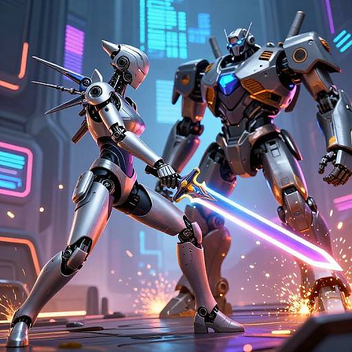 CGI sci-fi battle: Two metallic humanoid robots clash in a neon-lit futuristic city. The attacker wields a glowing blue sword, sparking as