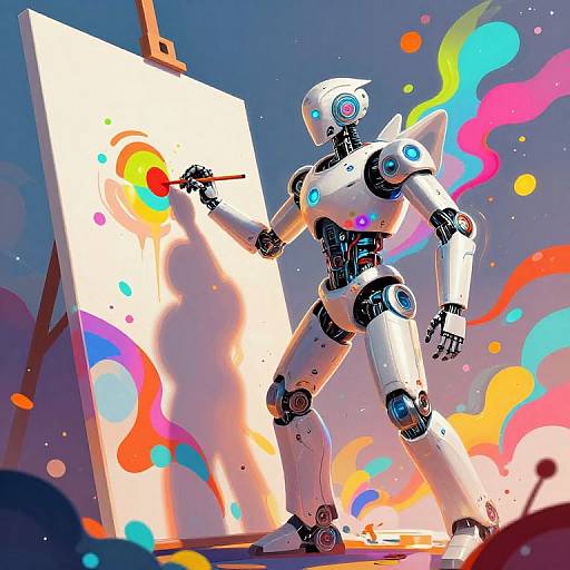 Digital artwork of a white, humanoid robot painting with a vibrant brush on a canvas, surrounded by colorful, abstract splatters.
