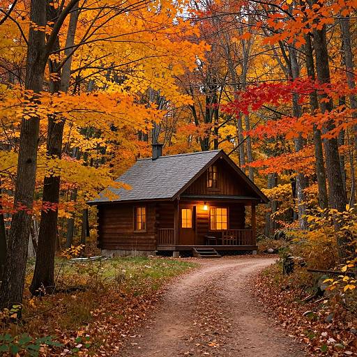 Photograph of a wooden cabin with glowing windows, nestled in a vibrant autumn forest with orange, yellow, and red leaves, on a dirt path.