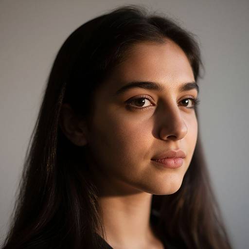 Photograph of a young woman with long, straight black hair, light brown skin, and brown eyes, softly lit from the left, with a neutral