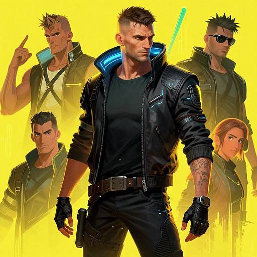 Digital illustration of five muscular, tattooed men in black leather jackets and gloves, standing against a bright yellow background. Central figure holds a glowing blue light