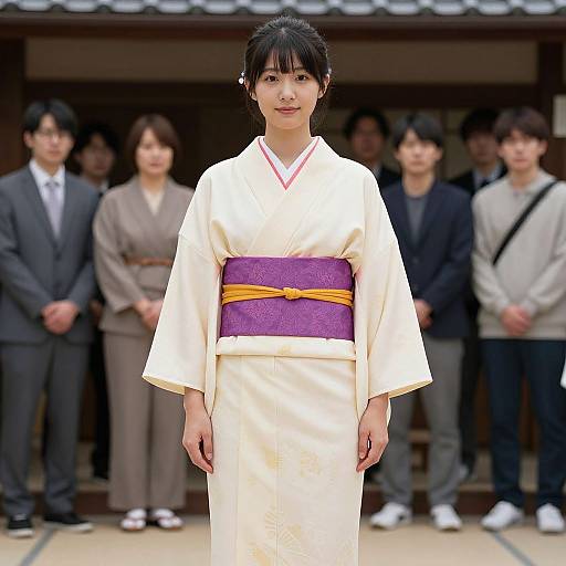 Photograph of a Japanese woman in a white kimono with a purple and orange obi, standing in front of a traditional wooden building, with a