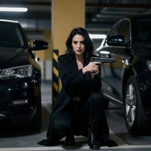 Intense Woman with Gun in Garage