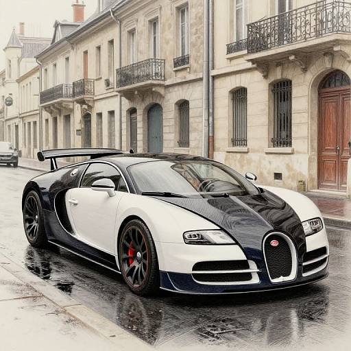Photograph of a sleek, black-and-white Bugatti Veyron parked on a wet, cobblestone street in front of elegant, historic European