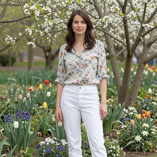 Photograph of a woman with long dark hair, wearing a floral blouse and white pants, standing in a vibrant spring garden with blooming flowers and trees