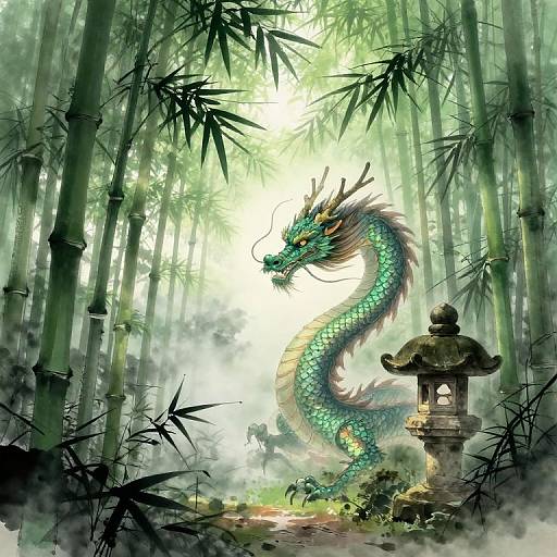 Digital artwork of a vibrant green dragon with red accents, standing in a misty bamboo forest, facing a stone lantern.