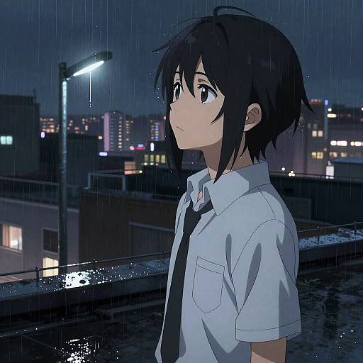 Anime-style digital drawing of a young boy with black hair, wearing a white shirt and black tie, standing on a rainy rooftop at night, with city