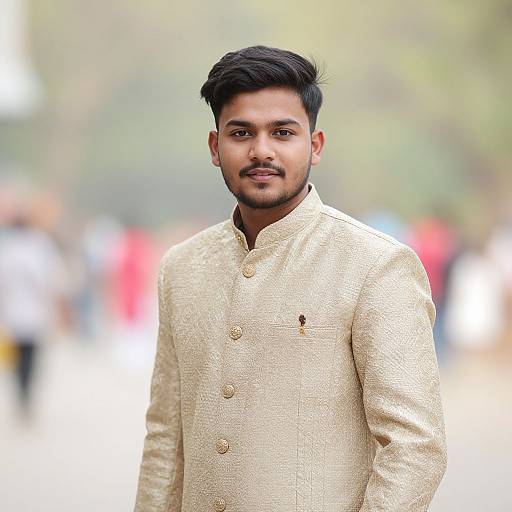 Photograph of a young South Asian man with dark hair and beard, wearing a cream, textured, button-up kurta, standing outdoors with a blurred