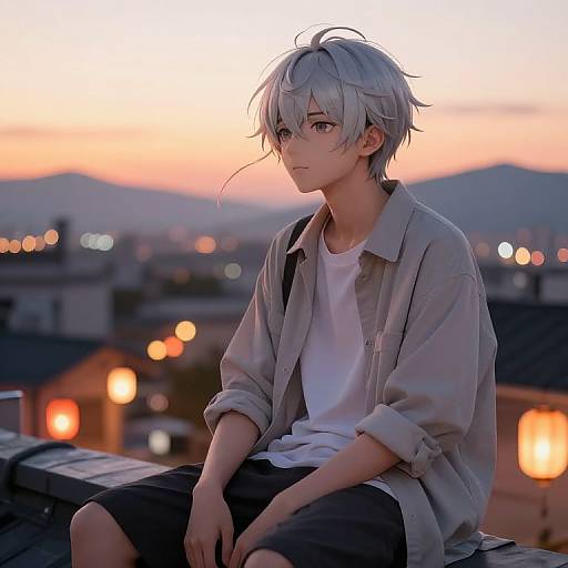Anime-style digital artwork of a young, silver-haired boy in a loose shirt and shorts, sitting on a rooftop at sunset. Blurred city lights and