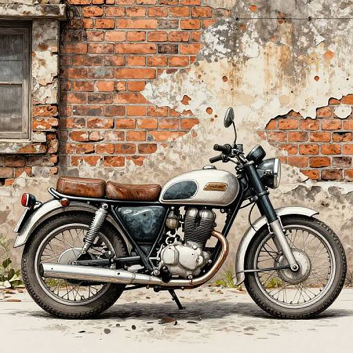 Vintage white motorcycle with brown leather seat, parked on a cobblestone street, against a weathered red-brick wall with peeling paint.