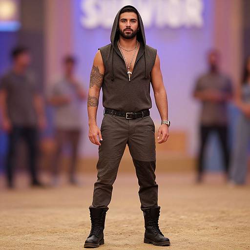 Photograph of a muscular man with long black hair, beard, tattoos, wearing a black sleeveless shirt, pants, boots, and necklace, standing