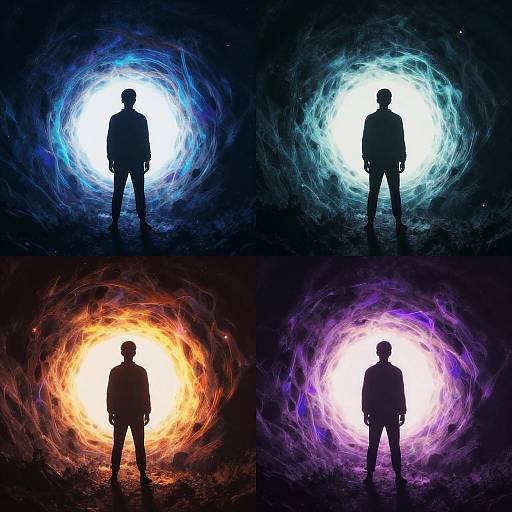 Digital artwork of four silhouetted male figures, each standing in a swirling, colorful vortex: blue, white, orange, and purple.