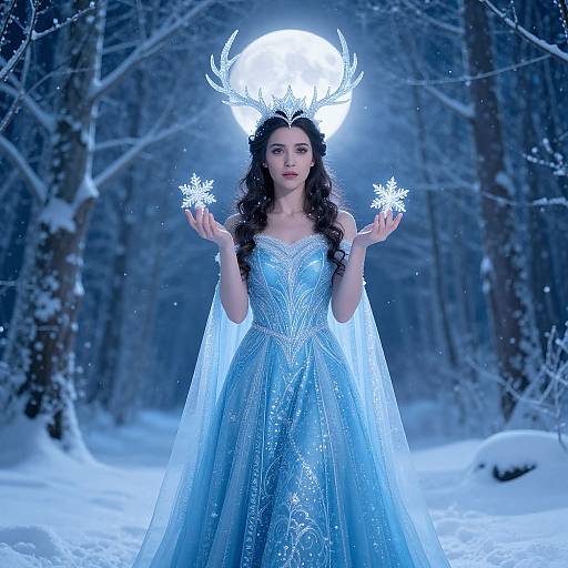 Photograph of a fair-skinned woman with long dark hair, wearing a shimmering blue ice queen gown and antler headpiece, holding snowfl
