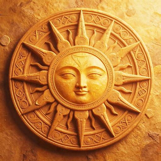 Golden, intricately carved sunburst wall art with a serene, human-like face at the center, surrounded by ornate patterns, on a textured,